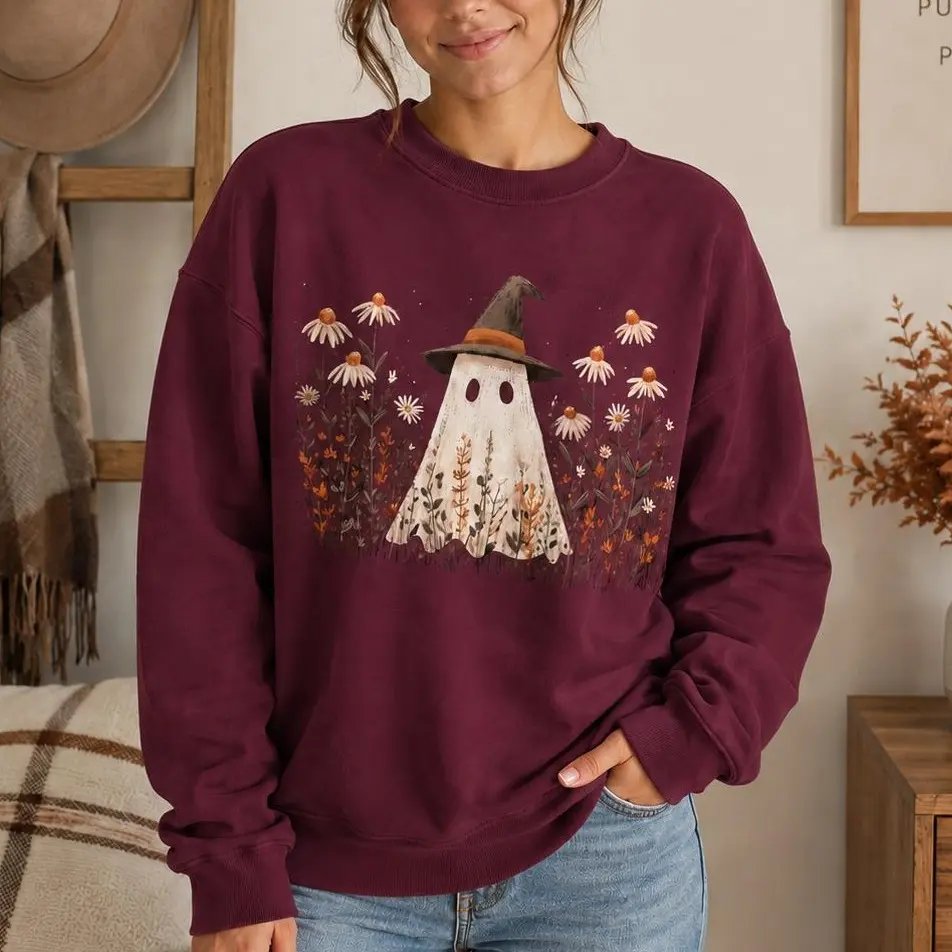 Cute Ghost Halloween Sweatshirt for Women, Witch Hat Floral Ghost Graphic Crewneck, Spooky Fall Pullover, Vintage Autumn Halloween Shirt, Cozy Halloween Gift