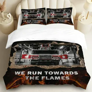 3PCS Duvet Cover Set, 1 Duvet+2 Pillowcases(Without filler), Fire Truck Flames Hero Courage theme, Everyday bedding set, Firefighter Decor Pillows Bedroom Living Room Guest Room.