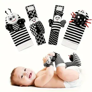 2/4pcs Youngsters Wrist Rattle And Foot Finder Socks - Developmental Milestone Toys for Sensory Exploration And Coordination, Gender-Neutral, Stimulating Black & White Patterns