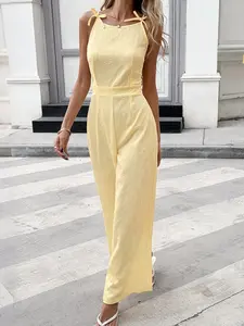 Yellow Jacquard Romper, Elegant Chic Sleeveless Butterfly Knot Long Jumpsuit, Waist Cinch Slim Fitting Women's Pants, Summer Clothes, Fashion