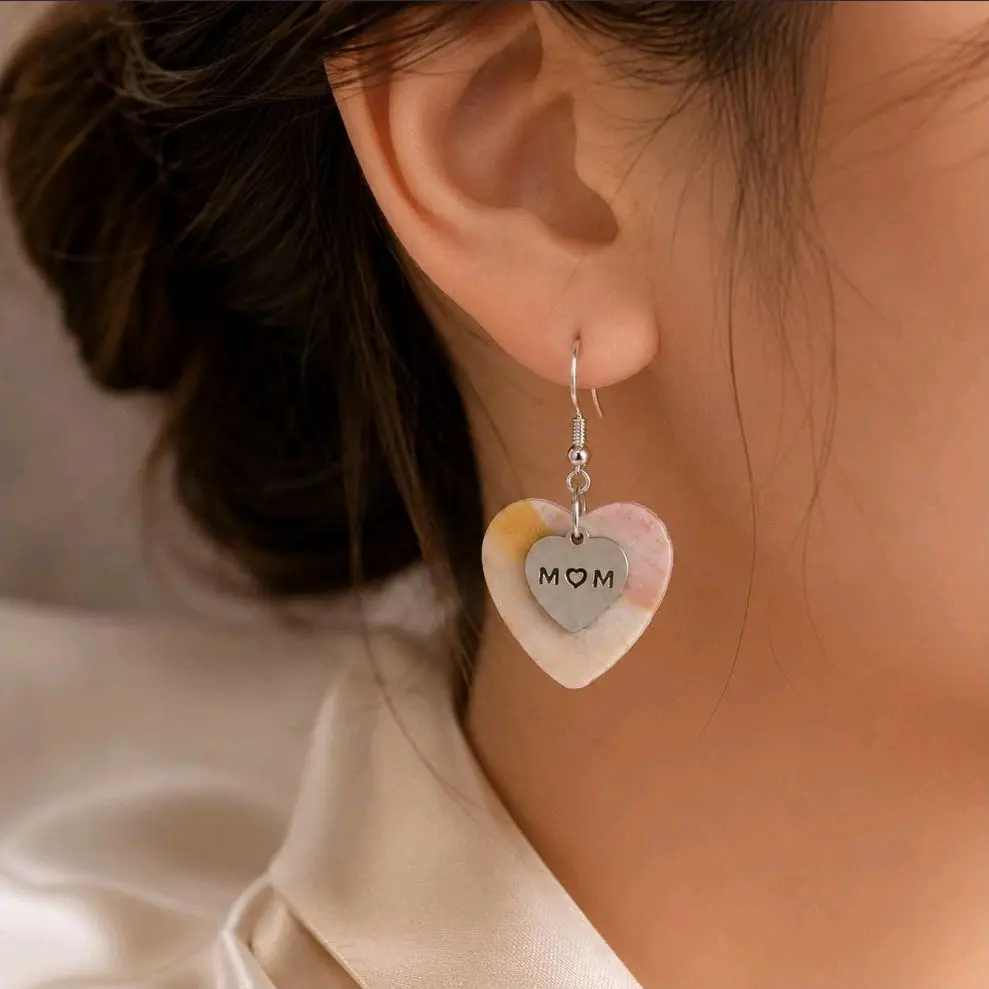Handmade Mom Heart Dangle Earrings