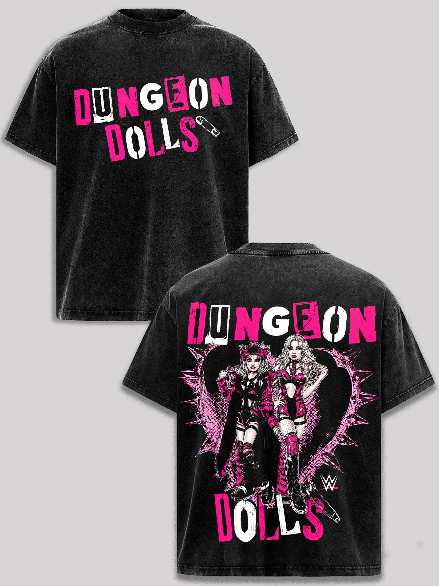 Dungeon Dolls Maxxine Dupri and Natalya Vintage Washed T-Shirt WWE NXT Dungeon Dolls Graphic Tee Women's Wrestling Gothic Pink Grunge Oversized Heavyweight Cotton Acid Wash Black Retro Streetwear Unisex Fan Gift Duo Wrestling Shirt men