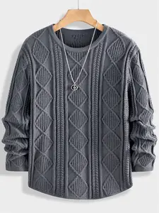 Classic Diamond Pattern Round Neck Men's Long Sleeve Knit Sweater, Casual Fitted Style, Warm & Comfortable, Perfect for Fall & Winter