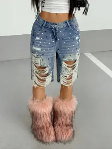 Women's ripped denim short Pockets 2026's most chaotic viral fit💎 The gem studs, frayed holes, and Y2K mix are breaking TikTok—everyone's asking where to cop this spicy girl uniform. DARE to slay this OOTD? 🔥