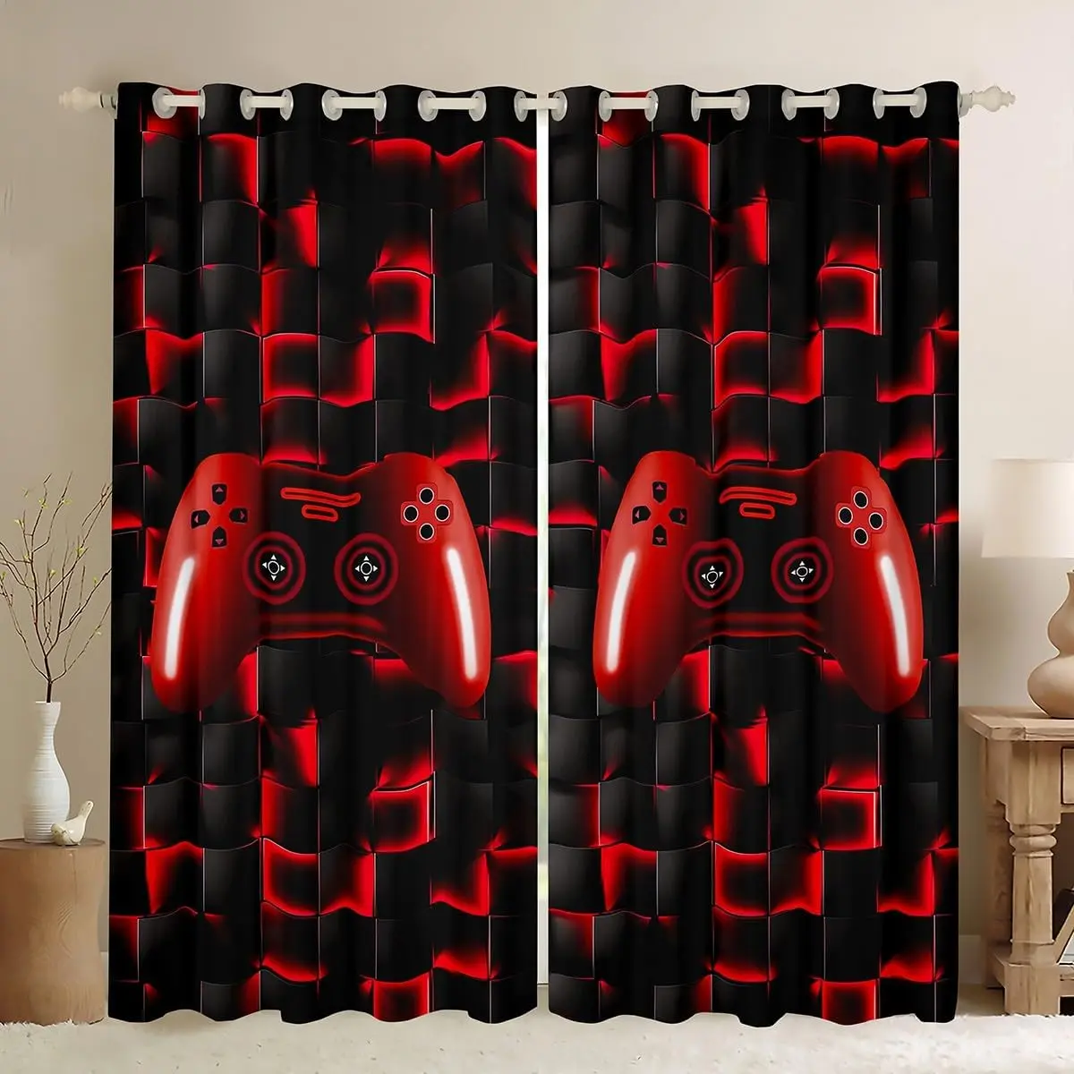 Feelyou 50% Blackout Velvet Modern Gaming Curtains - Geometric Grid Grommet Design, Red Black Home Decoration Curtains for Gamer Room Bedroom Window Treatment, Home Decoration Curtain, Blackout Curtains