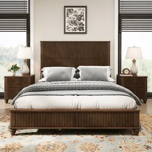 Queen Platform Bed Frame with Headboard, Solid Wood Bed Frame,Tall Headboard Natural Wood Bed ,No Box Spring Needed,Walnut
