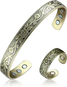 Copper Bracelet & Ring for Women, 99.99% Pure Copper Magnetic Bracelet Lymphatic Drainage Rings with 3500 Gauss Magnets, Adjustable & Flower Pattern (Antique Bronze Tone)
