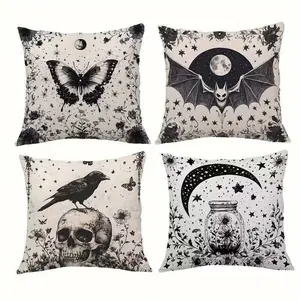 Gothic Mystery Theme Pillow Covers Set of 4, Butterfly Bat Skull Moon Pattern, Vintage Dark Style, Sofa Cushion Cases, No Pillows Included