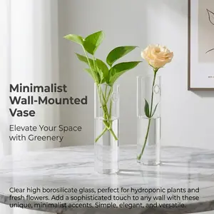 Modern Wall-Mounted Glass Vase Set of 2, Clear Cylinder High Borosilicate Planters for Hydroponic Plants and Fresh Flowers, Minimalist Greenery Decor for Home Walls