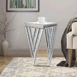 Pregaspor Silver Mirrored End Table, Gorgeous Side Table with Crystal Inlay, Small Mirrored Coffee Table for Living Room, Sofa, Bedroom, Corner