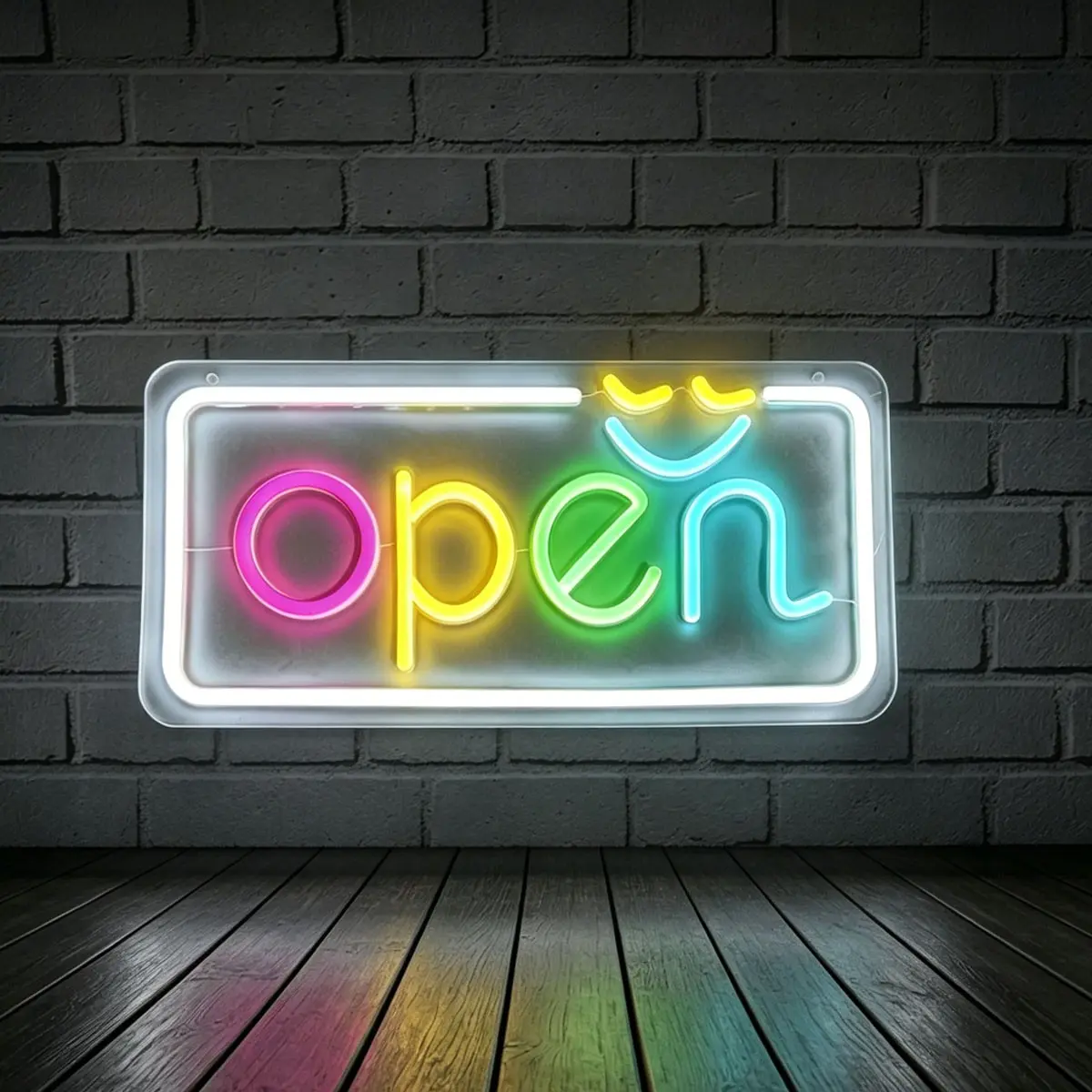 Rainbow Color Open Smile LED Neon Sign, USB Powered Adjustable Wall Mount Decorative Lights, Acrylic Material, Ideal for Shops, Cafes, Restaurants, Parties