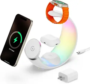 3 in 1 Charging Station for Apple Magnetic Wireless Charger for iPhone 16 15 14 13 12 11 9 8 All Series with RGB Night Light & for Apple Watch Charger & for AirPods 4 with ANC/3/2/Pro