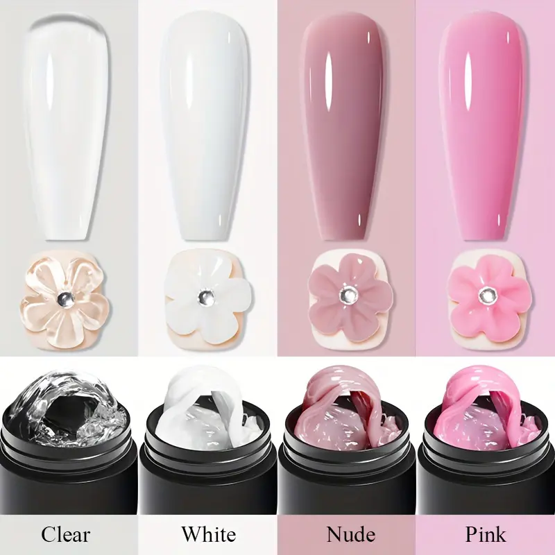 4pcs Non-Stick Hand Solid Extension Nail Gel Set, Polygel Nail Kit, Clear Nude Extension Gel, Rhinestone Glue Gel, Easy to Operate, Nail Art Product, Extend Gel, Gel Nail Supplies