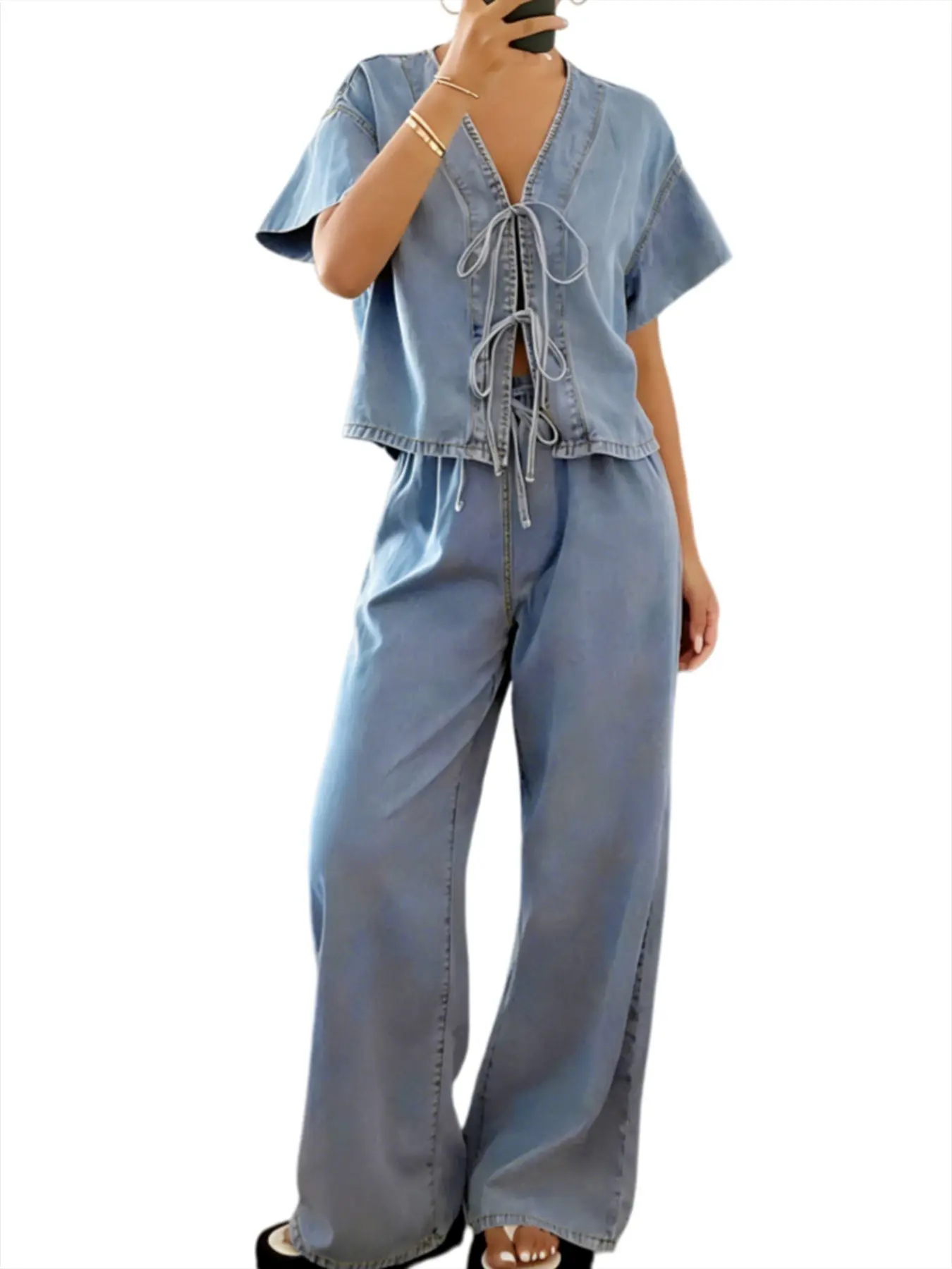 Women's Denim Two-Piece Set, Vintage Tie-Back Short Top, Wide Leg Pants, Casual Loose Fit, Summer
