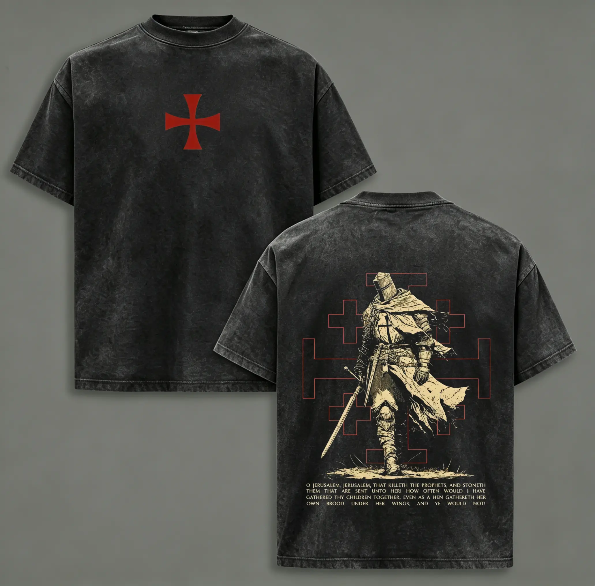 Christian Crusader Knight Vintage Washed Oversized T-Shirt, Heavy Cotton Faith Warrior Graphic Tee, Medieval Cross Knight Streetwear Shirt, Biblical Strength Apparel, Unisex Religious Gift for Christian Believers, funny graphic tee,  deals, good graphic M