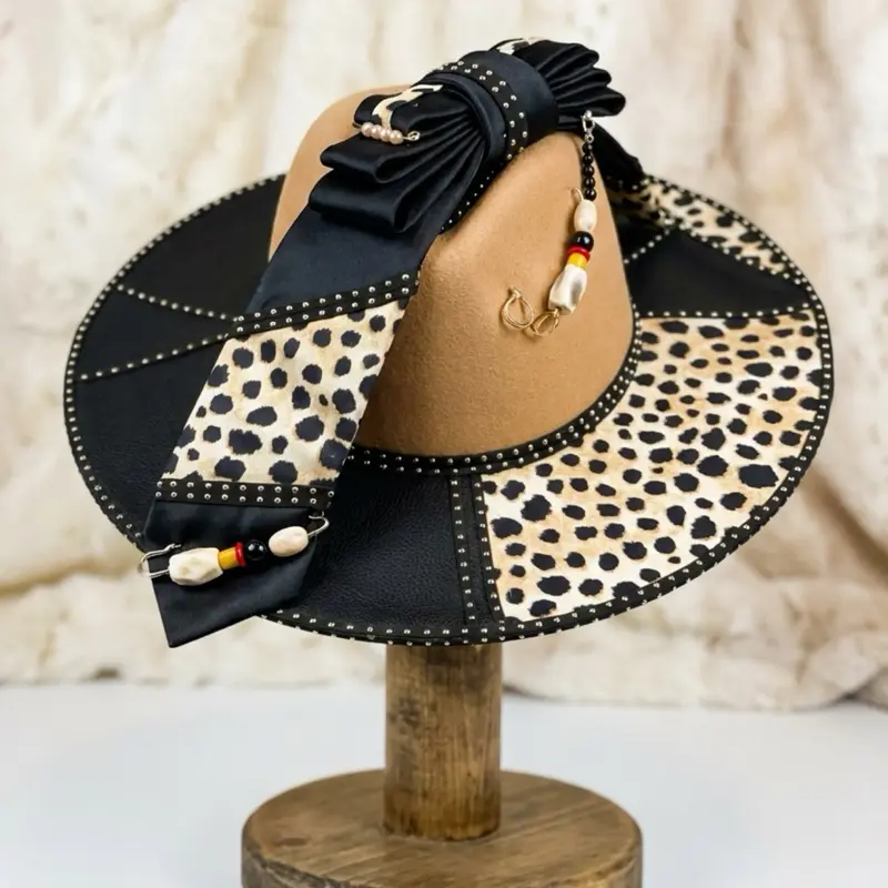 Faux leather and leopard 2-Piece Fedora & Tie Set, Wide Brim Hat, Safety pin brooch , Custom Statement Fashion Ensemble