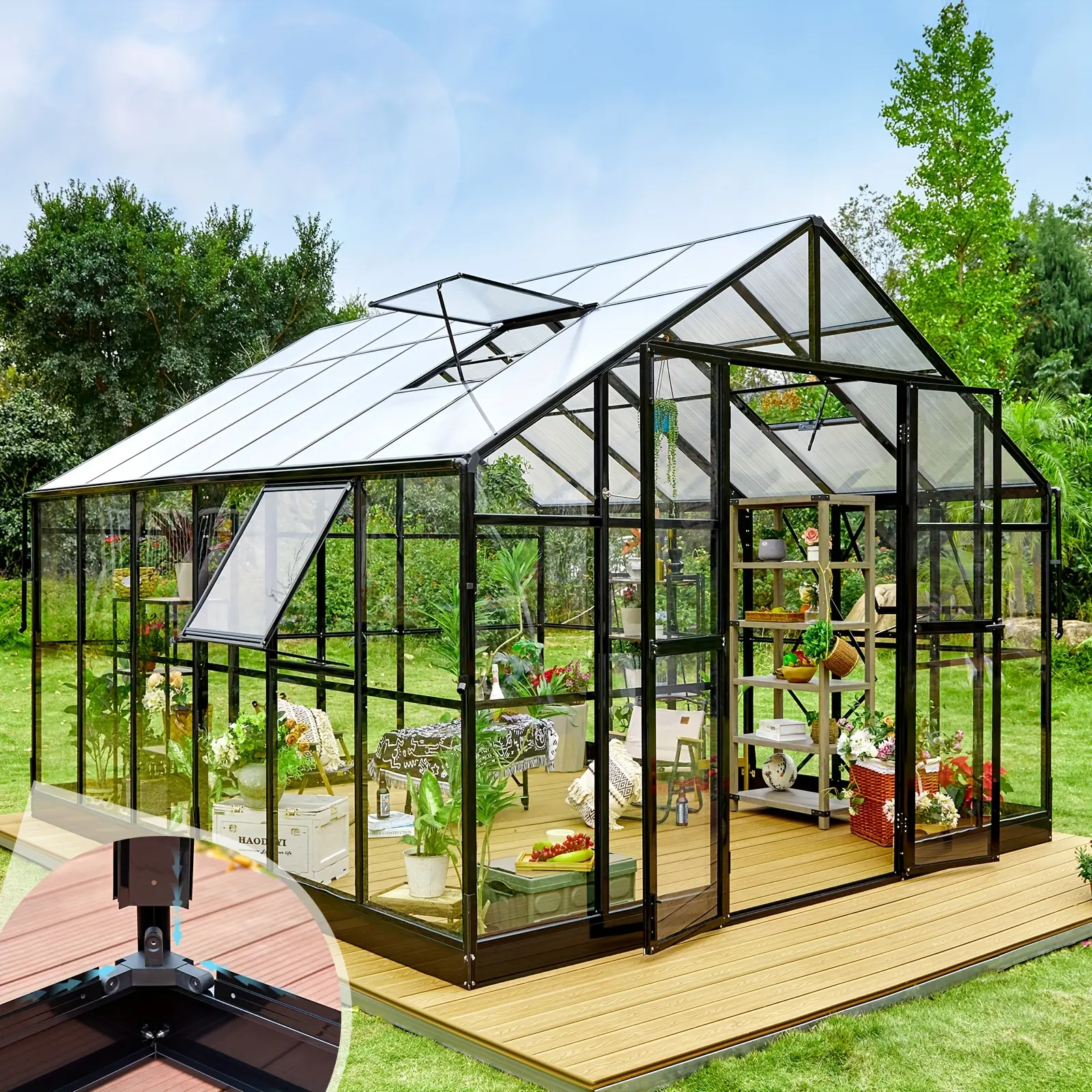 Large Outdoor Hybrid Polycarbonate Greenhouse Featuring Quick Connector Assembly, Transparent Panels, Two Swinging Doors, And Four Vents, in Black