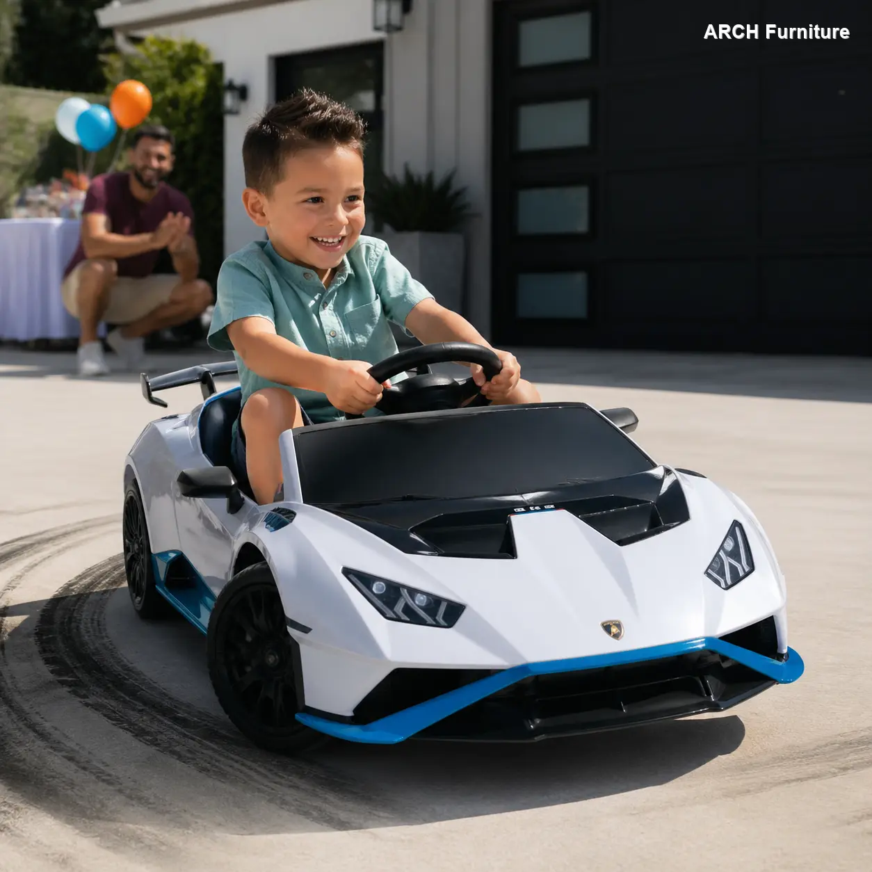 24V ARCH Lamborghini Huracan Sto Style Kids Electric Drift Ride-On Car for 4-6 Years, Dual-Drive Suspension, Up to 9 km/h/5.59 MPH, 360° Spin, Foam Front Wheels, LED Lights, Dynamic Music, USB Port, Safety Harness, Children Development Outdoor Play Toy, F