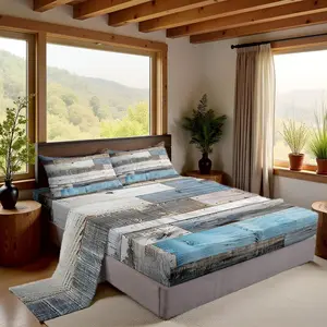 Splicing Wooden Stripes Bed Sheet Set,Western Farmhouse Style Sheet Set,Kids Teens,Blue Grey Old Barn Door Bedding Decor Set with 1 Flat & 1 Fitted Sheet