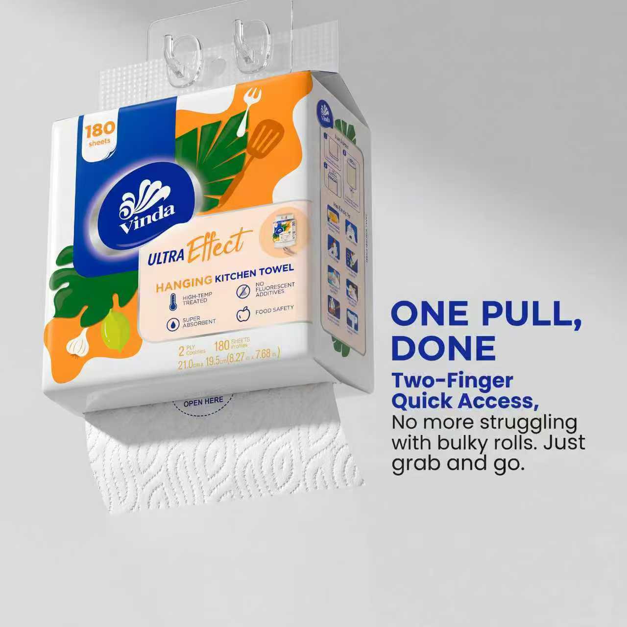 Vinda Hanging Kitchen Paper Towels with free hook -Quick Grab, Fully Protected, Saves Space| Ultra Water& Heavy Oil Absorbent Wipes, Washable & Extra Strong When Wet  2-Ply, 180Sheets/bag,  100% Virgin Pulp, Food Safe - TikTok Must-Have for Kitchens