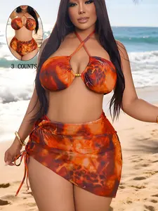 Women's Plus Size New Cross Front Halter Tie Bikini Set with Cover-Up, Three-Piece Swimsuit for Beach Pool, European Style