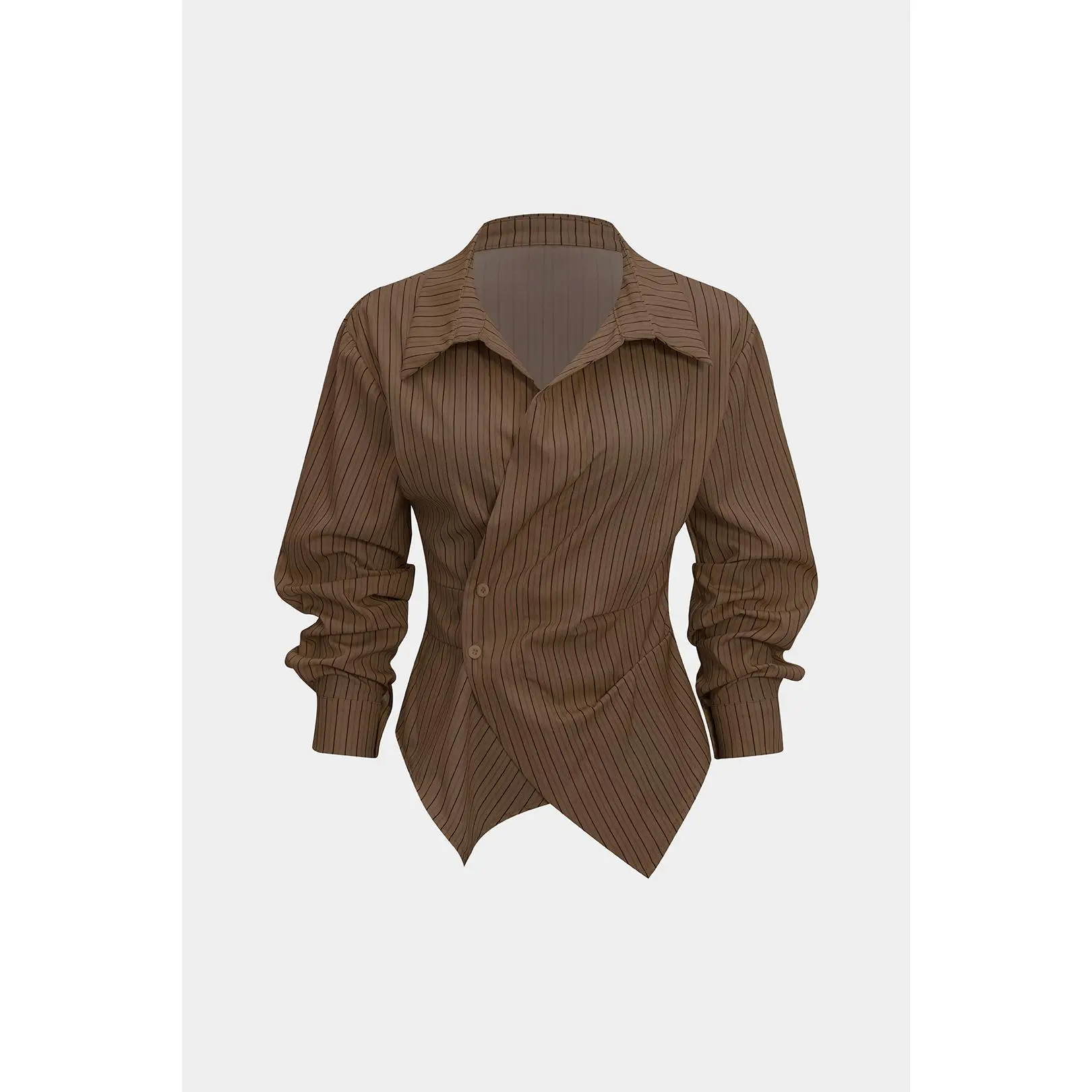 Women's Fitted Stripes Print V-Neck Ruched Polyester Long-Sleeve Blouse, Stylish Casual Tops for Daily Wear, Blouses, Women's Clothes, Shirts