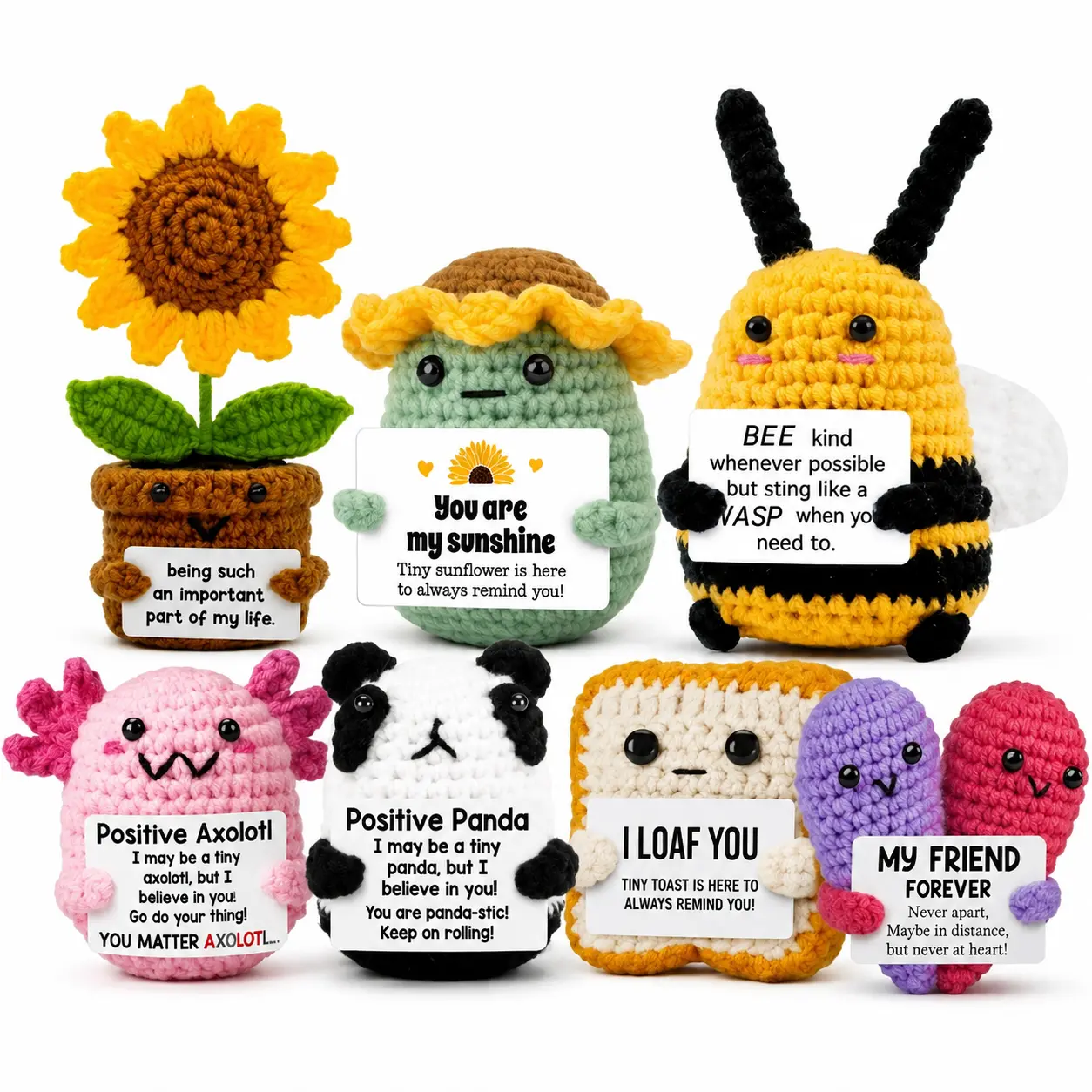 Mini Positive Crochet Animals Gifts, Handmade Inspirational Plush Dolls with Heartfelt Message Cards, Cute Emotional Support Gifts for Women Men Friends Coworkers, 7Styles Available
