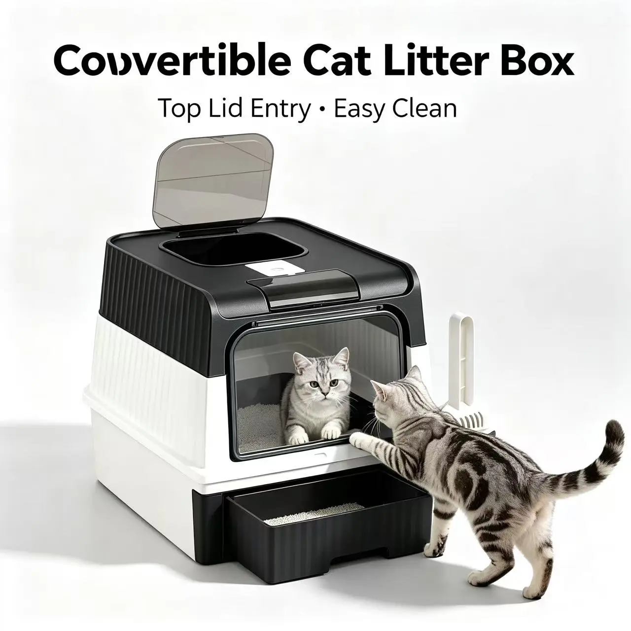 Covered Convertible Cat Litter Box, Wood Derivative Material, Dual-Entry Top & Front Enclosed Pan, Easy-Clean Anti-Splash Design, Ideal for Indoor Multi-Cat Households, Litter Box Covered