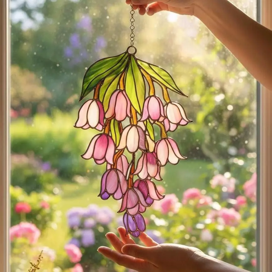 Cottagecore Stained Glass Suncatcher Hanging Pink Flower Fuchsia Bell Window Panel Art Handmade Garden Sun Catcher Ornament Cozy Aesthetic Spring Decor Mother's Day Gift