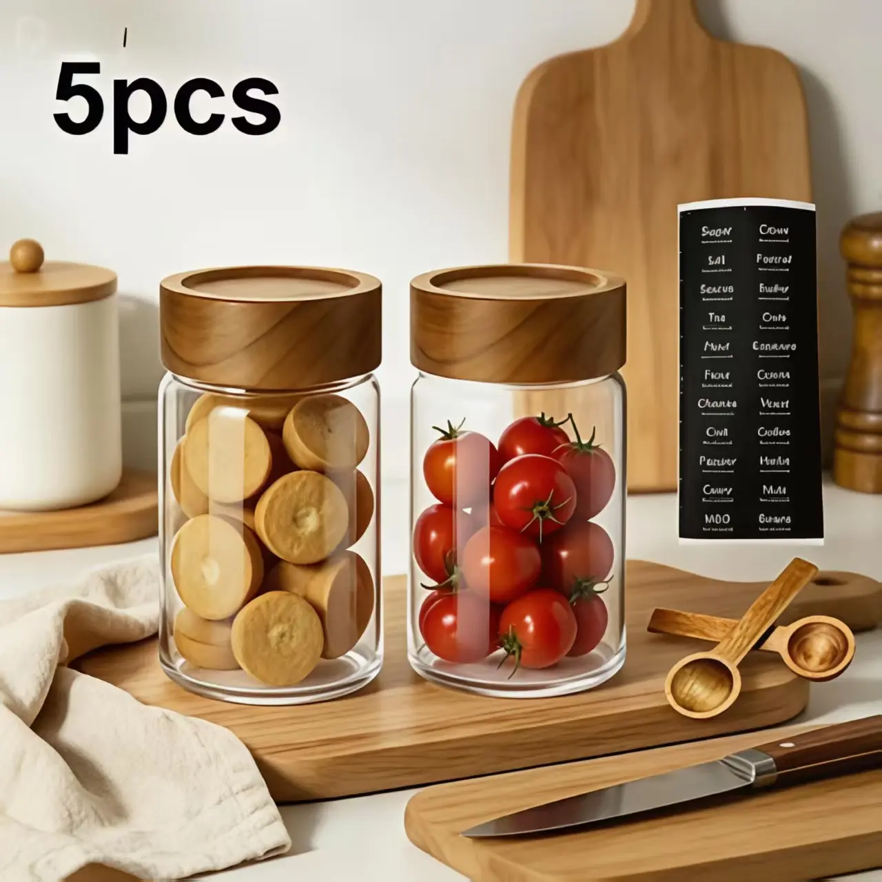 Borosilicate Glass Storage Jar Set (8 oz) with Sealed Cedarwood Lids, Includes Wooden Spoon & Pre-Printed Labels, Ideal for Coffee Beans, Nuts