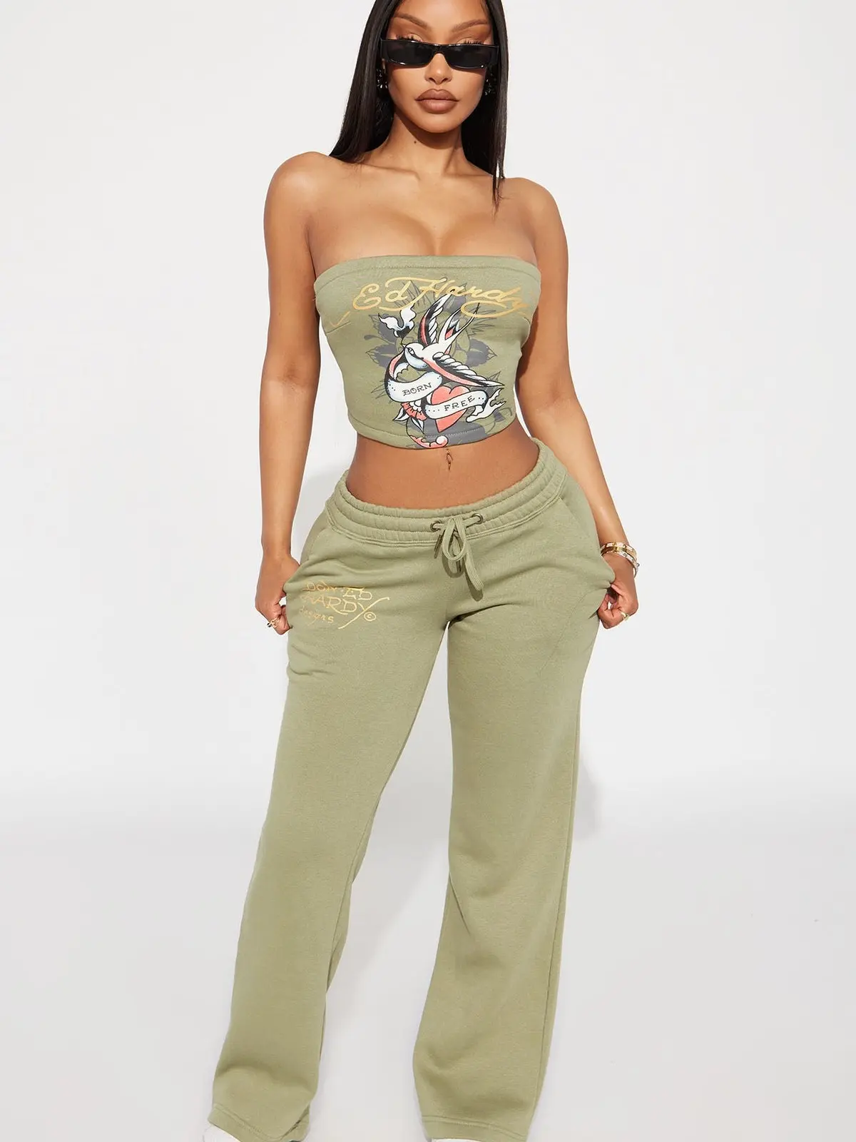 Ed Hardy Bird and Heart Tube Top Pant Set - Sage