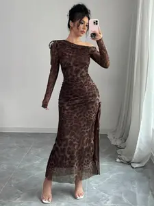 Elegant Zabao Gradient Ruched Pleated Mesh Long Sleeve Leopard Print Asymmetrical Neck High Slit Dress, Evening Prom Gown, Women's Fashion Set, Stylish and Trendy, Womenswear