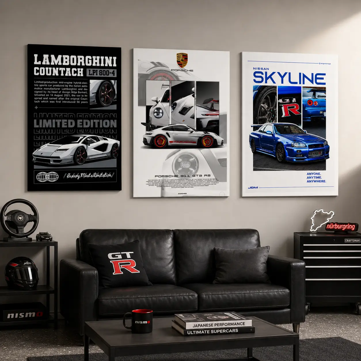 JDM & European Supercar Retro Unframed Poster Set - Porsche 911 GT3 RS, Lamborghini Countach LPI 800-4, Nissan Skyline GT-R R34 Matte Paper Prints, Fade Resistant Home Decor for Lounge, Gift Idea for Car Enthusiasts, Wall Decoration, Room Decor, Split Lay