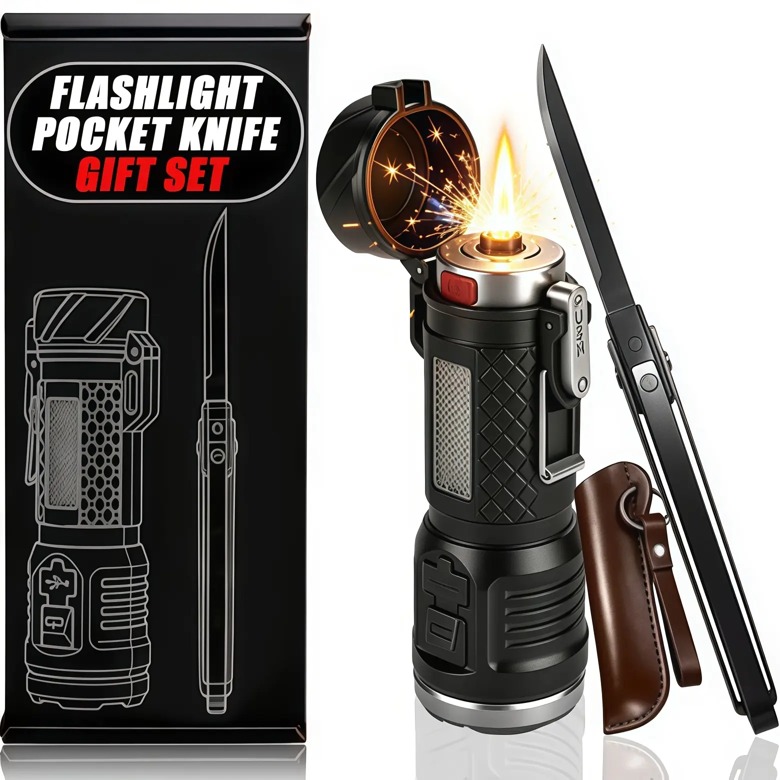 2PCS Super Bright Rechargeable Flashlight Fire Starter with Heavy-Duty Quality Folding Knife Gadgets Ultimate Outdoor Duo for Men Fishing Hiking Camping Survival Gear and Equipment Emergency Preparedness Supplies Perfect Gift Survival Kit for Dad
