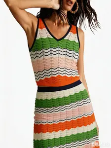 Women's Colorful Wave Striped Dress Set, Stylish Ladies' Clothing, Perfect for Casual Wear & Daily, Trendy Fashion