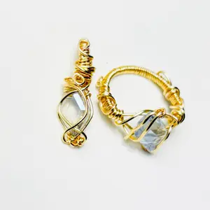 Winnie's Bliss Jewelry Gold Wire Wrapped Glass Light Blue Bead Ring and Pendant Set - Unisex Elegant Jewelry Piece for Gifting or Personal Use