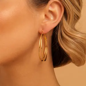 30mm Double Row Gold Hoops with Secure Clasp | Trendy Geometric Earrings for Y2K Aesthetic, Punk, Party, Clubbing, Date & Daily Wear