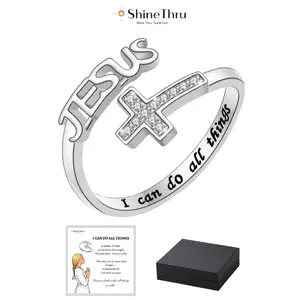 1pc Jesus Cross Open Statement Ring, adjustable pinky ring for women with engraved English Bible prayer “I Can Do All Things,” elegant and durable design, suitable for daily wear, faith jewelry, inspirational gift for birthdays or religious occasions.
