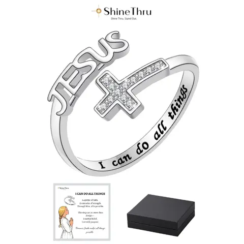 Women's Engraved Cross Ring - 1pc Metal-Coated Adjustable Pinky Ring with English Bible Prayer "I Can Do All Things", Inspirational Accessory, Religious Motif Jewelry, Durable Everyday Wear, Gift for Birthdays/Religious Occasions, Female Costume Jewelry,s