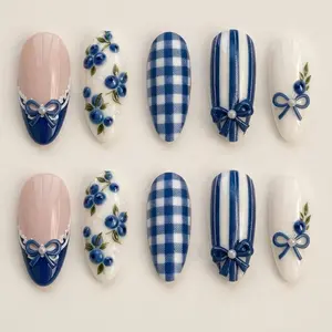 Blueberry Press On Nails Garden Inspired 3D Fruit Nails Blue Gingham