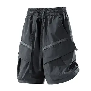 Techwear Men's Black Cargo Shorts with Reflective Strip, Multi-Pocket, Elastic Waistband, Casual Outdoor Bottoms