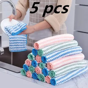 5Pcs Fleece Thickened Dish Cloth Does Not Stick To Oil Clean Kitchen Household Absorbs Water Without Shedding Scouring Pad Rag Absorbent Cleaning