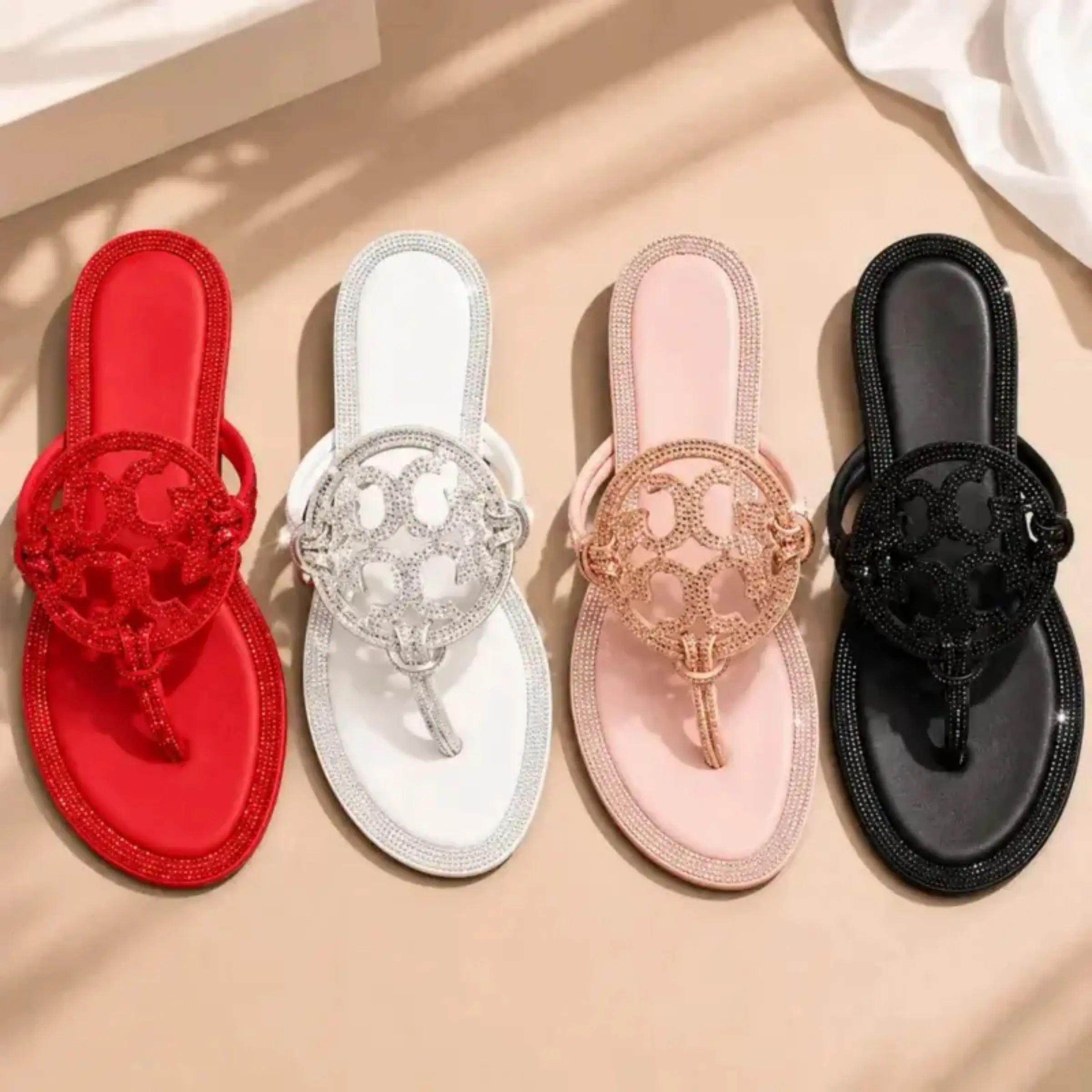 Elegant Crystal Decor Flip Flops Women Stylish Flat Sandals Comfortable Casual Beach Day Outdoor Walk Sparkly Dressy Vacation Holiday Rhinestone Thong Sandals Non Slip Soft Sole Pool Cruise Wedding Guest Bling Sandalias Mujer Multi Color Ladies Flips