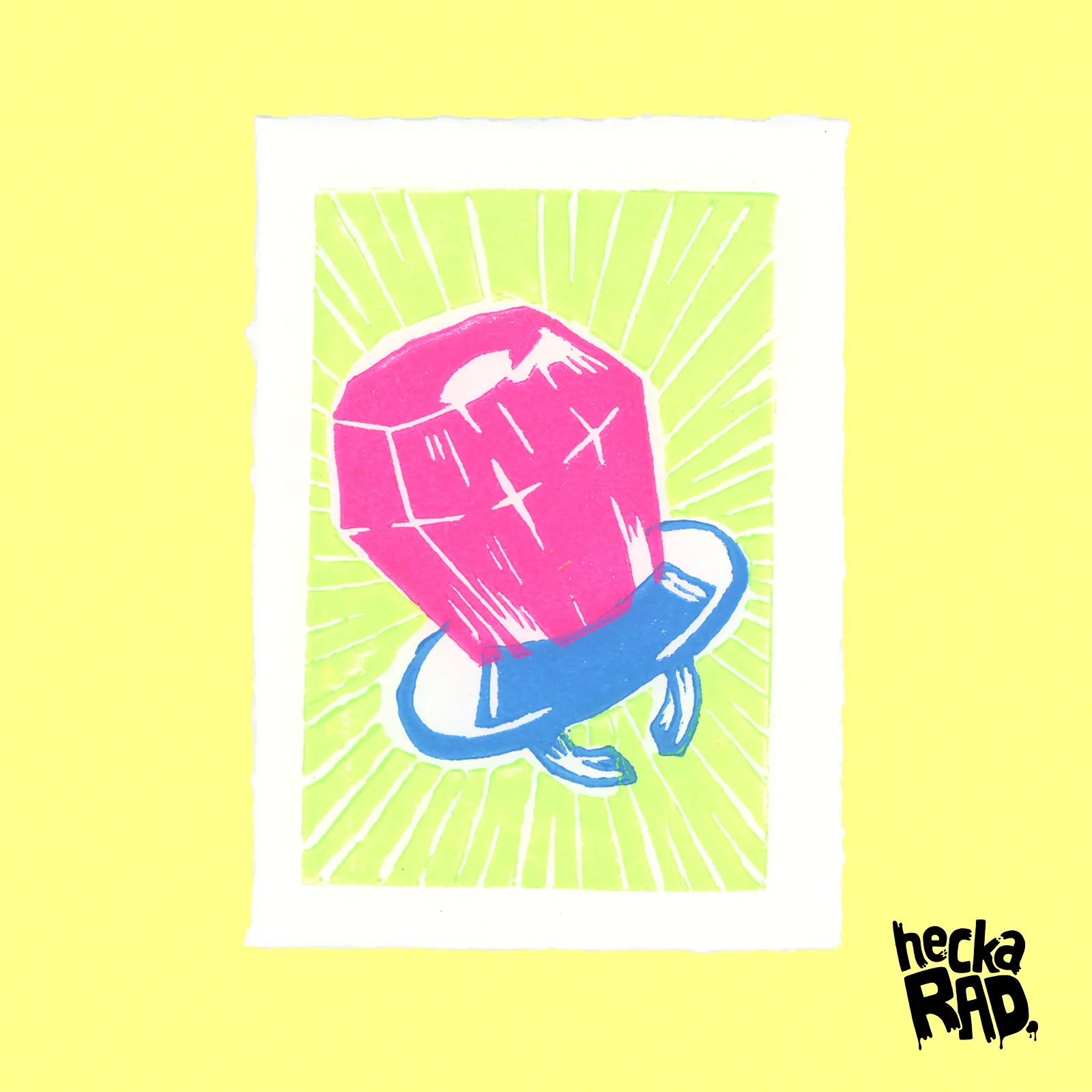 Heckarad Ring Pop Art 5x7 Linocut Block Original Ink Print on Deckled RIves BFK Paper Magenta Blue Fluorescent Yellow Abstract Design Handmade Artwork