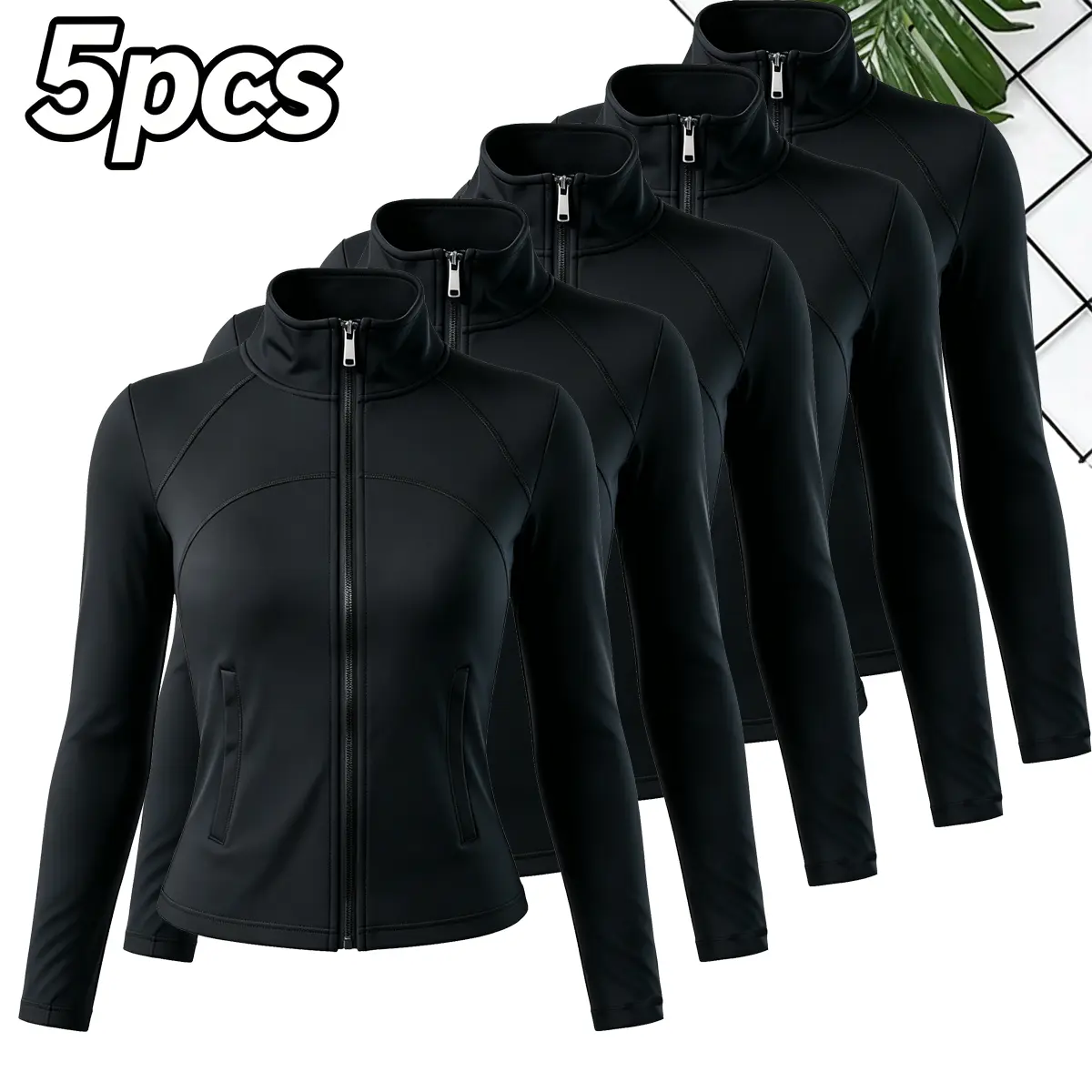 HAMTOLU Women's 5-Piece Workout Set with Slim Fit Full-Zip Jacket, Quick Dry Stand Collar Athletic Outfit Athleisure Gym Clothes