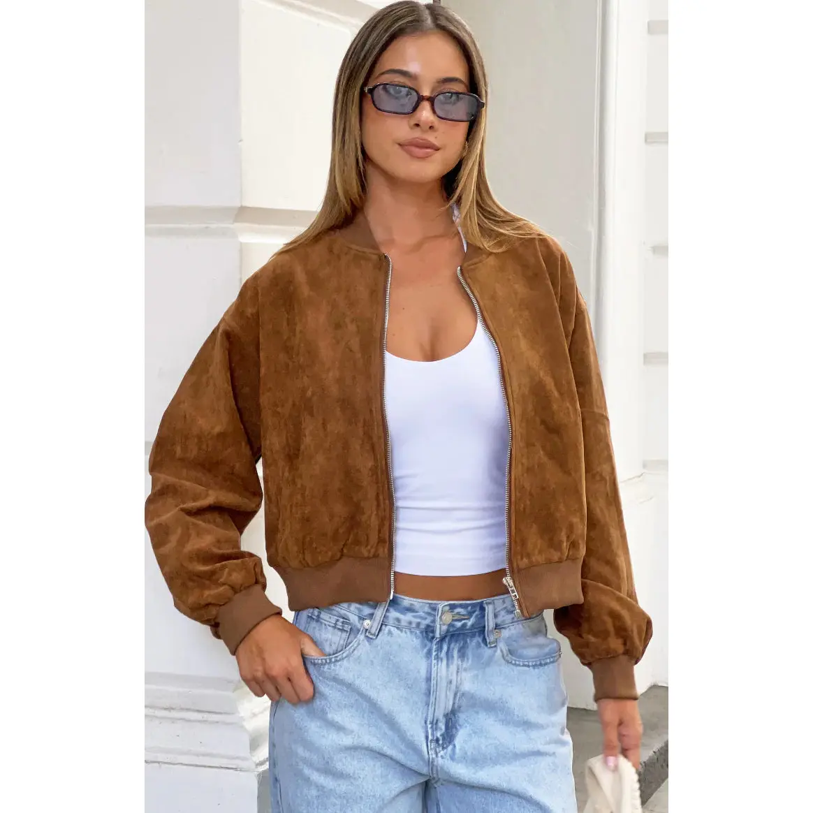 Rebecca Tan Cuffed Suedette Bomber Jacket