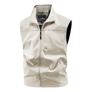 Men’s summer solid-color stand collar vest with multiple pockets—multifunctional outdoor piece, windproof and waterproof, casual sports design; stylish and versatile, available in multiple colors, premium quality.