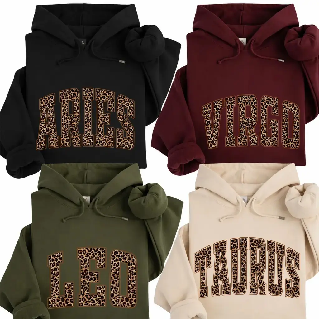 Full 12 Leopard Zodiac Graphic Hoodie, Aries Virgo Leo Taurus Horoscope Sweatshirt, Animal Print Astrology Pullover, Personalized Birthday Gift for Women & Men