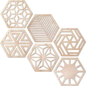 Ripeng 6-piece honeycomb decorative set 11.8inch Hexagonal wall decoration farmhouse wooden hexagonal wall panel modern hollow-carved design rustic abstract decoration for living room and kitchen (6 styles)