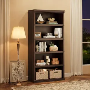 5 Tier Book Shelf, Farmhouse Book Case, 67.4 in Tall Shelf with Storage, Wooden Bookshelves for Living Room, Home Office-Cherry
